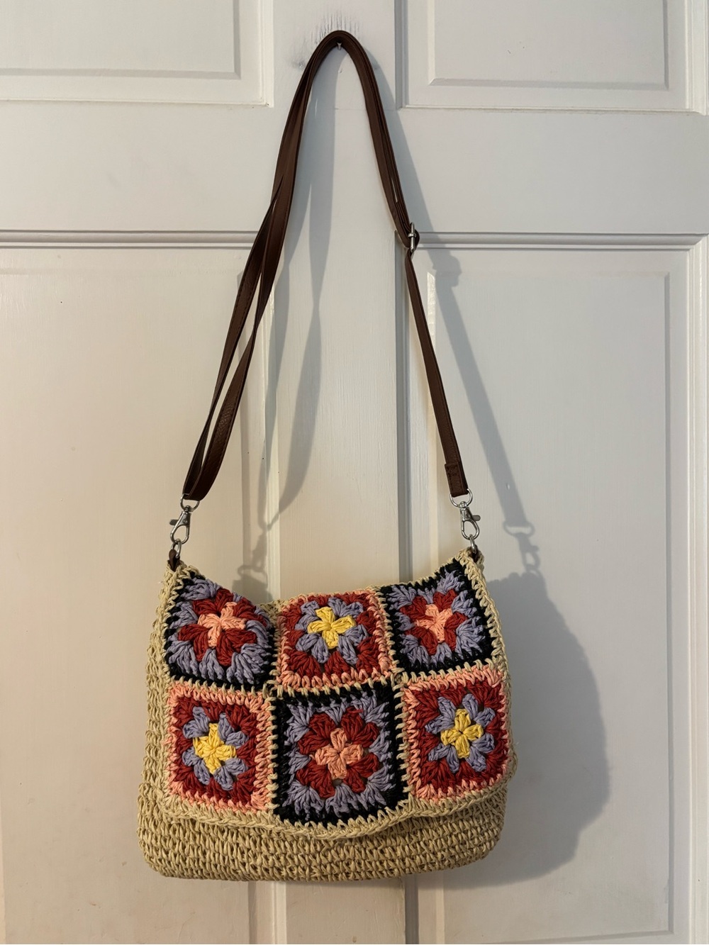 Crochet Patchwork Shoulder Bag in Multicolor with Brown Strap, sz 12 x 9.5 inc